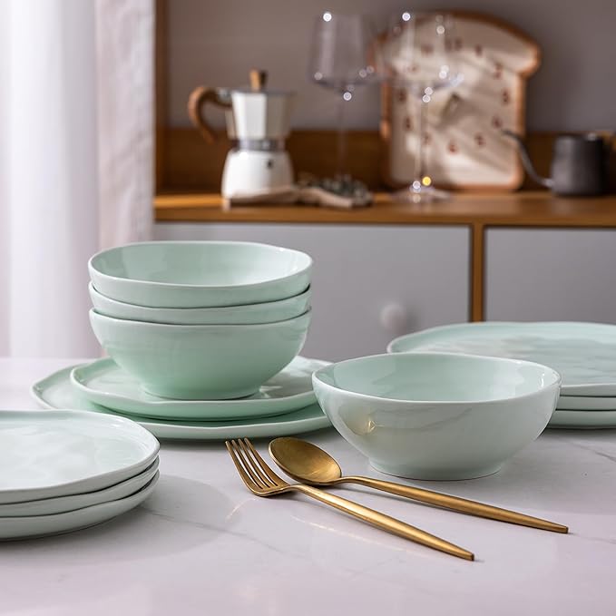 LERATIO Ceramic Dinnerware Sets for 4,Porcelain Plates and Bowls Sets with Wavy Edge,Microwave & Dishwasher & Oven Safe,Light Weight & Scratch Resistant Dishes Sets-Service for 4 (12pcs)-Light Green