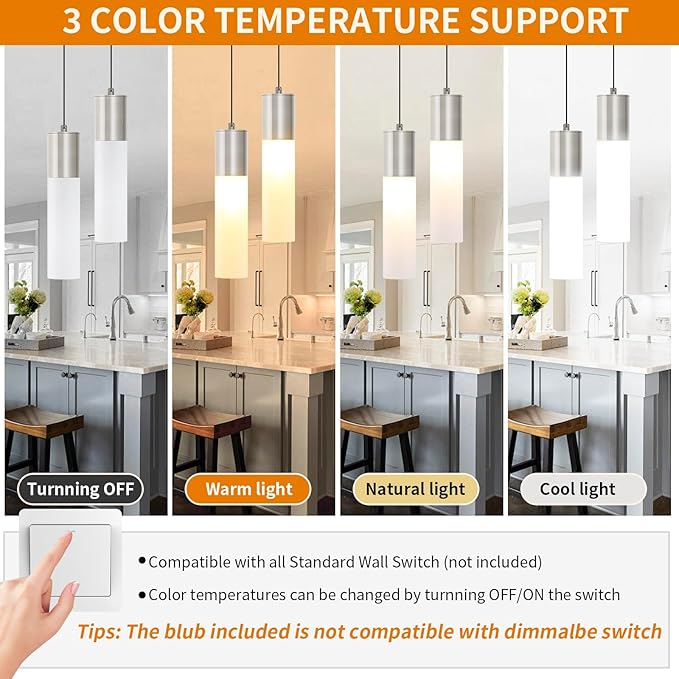 Modern Pendant Lights Kitchen Island 3 Pack LED Pendant Lighting Brushed Nickel with Milky White Lampshade Adjustable Hanging Ceiling Light for Dining Room Bath Entryway, 3000K-6000K