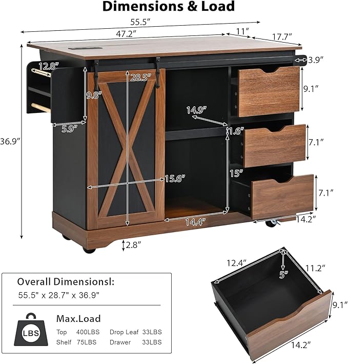 55.5" Farmhouse Kitchen Island with Drop Leaf, Kitchen Storage Island with Barn Door, Power Outlet, for Home, Kitchen, Dining Room, Black