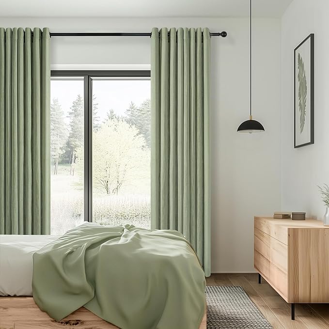 90 Inches Long Semi Sheer Linen Curtains for Living Room Bedroom Custom Made Memory Shape Drape Thick Linen Textured Light Filtering Sage Green Window Curtain 90 Inch