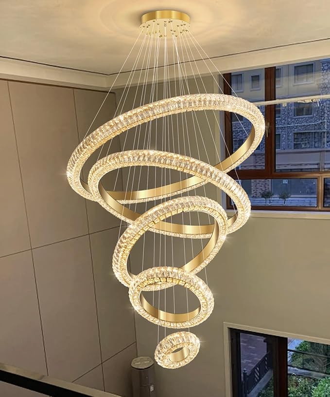 5 Ring Large Crystal Chandelier Modern LED Dimmable High Ceiling Chandelier Ring Contemporary Pendant Light Fixture for Living Room Foyer Staircase Gold D40''