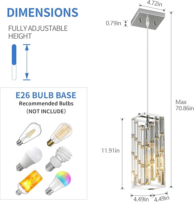 Chrome Pendant Lighting Modern Pendant Light, Mini Crystal Chandeliers,Adjustable Pendant Light Fixture for Kitchen Island Dinning Room Bedroom (2 Pack)