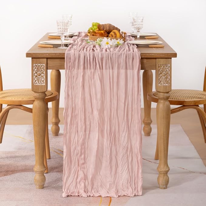 MLMC Pink Table Runner Boho Cheesecloth Table Runner 10ft Rustic Dusty Pink Gauze Cheese Cloth Centerpiece Decor 35x120 Inches for Wedding Bridal Baby Shower Birthday Party Decor