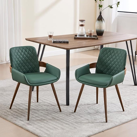 Mid Century Modern Dining Chairs Set of 2 - Faux Leather Dining Room Chairs, Upholstered Kitchen Chair with Arms and Metal Legs - Green