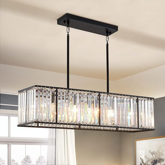 Siljoy Modern Rectangular Crystal Chandelier, 5 Lights Black Rectangle Raindrop Chandelier Lighting, Industrial Linear Pendant Ceiling Light Fixture for Dining Living Room Kitchen Island L33.5''