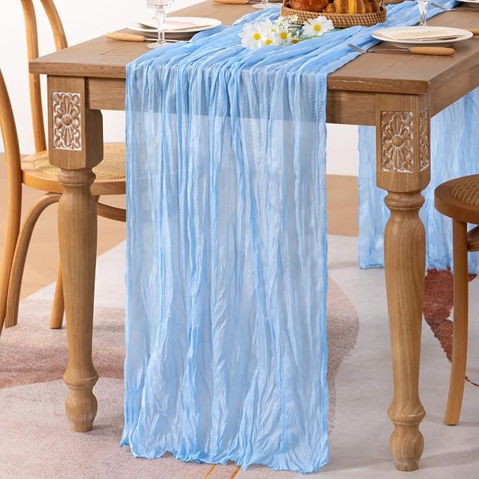 MLMC Light Blue Table Runner Baby Blue Cheesecloth Table Runner 10ft Baby Shower Decorations Rustic Gauze Fall Cheese Cloth Centerpiece 35x120 Inches for Gender Reveal Birthday Party Wedding Decor