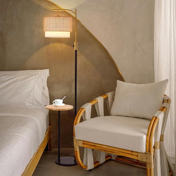 Dimmable Floor Lamp with Table and Marble Base, Arc Floor Lamp with Bulb, Boho Farmhouse Standing lamp with Fabric & Bamboo Shades for Living Room Bedroom