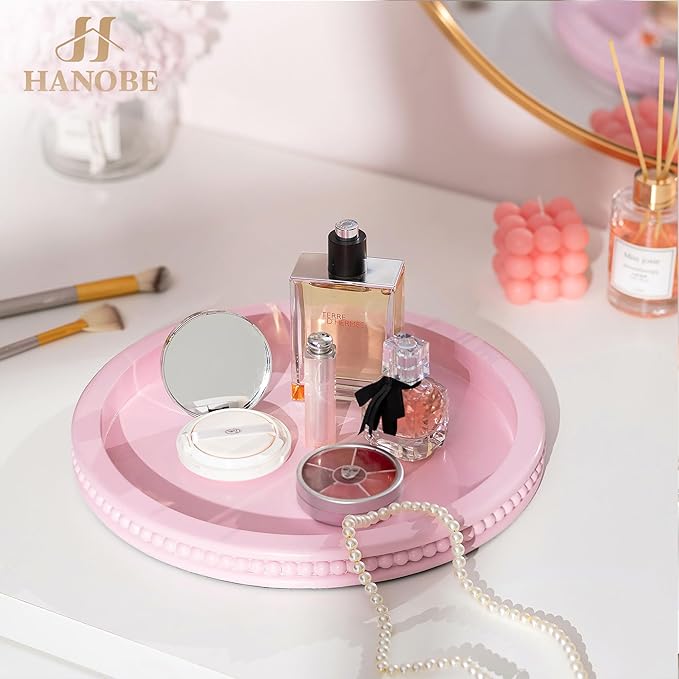Hanobe Pink Tray Decorative Round: Beaded Perfume Trays Decor for Dresser Circle Vanity Makeup Serving Tray for Ottoman Coffee Table Bathroom Counter