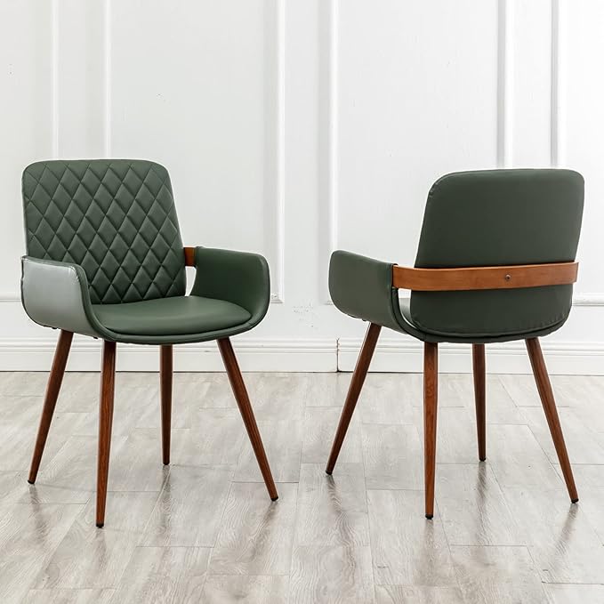 LUNLING Mid Century Modern Faux Leather Dining Chairs Set of 2, Green, Upholstered Seat, Metal Legs, Adjustable Foot for Kitchen Dining Room Desk Chairs
