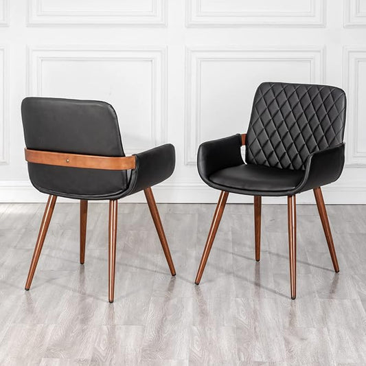 LUNLING Mid Century Modern Faux Leather Dining Chairs Set of 2, Black, Upholstered Seat, Metal Legs, Adjustable Foot for Kitchen Dining Room Desk Chairs