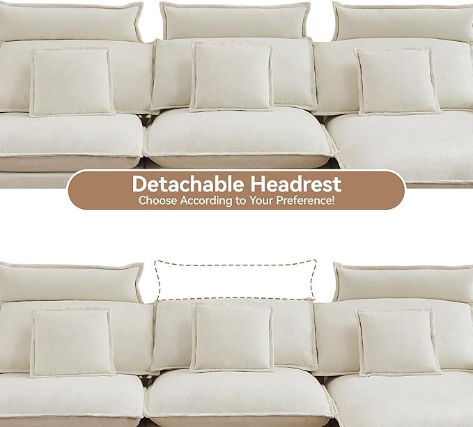 103'' Cloud Modern 3 Seater Couch with Detachable Headrest, Modular Sectional Sofa with Ottoman, Oversized L Shape Chenille Comfy Sofa with Armrests for Living Room, Beige