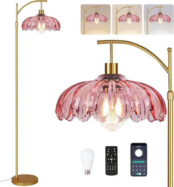 Floor Lamp for Living Room,Bedroom,Gold Dimmable Standing Lamp with Remote,Mid Century Modern Brass Tall Lamp Retro Vintage Pink Glass Lamp Floor Light Boho Bohemian