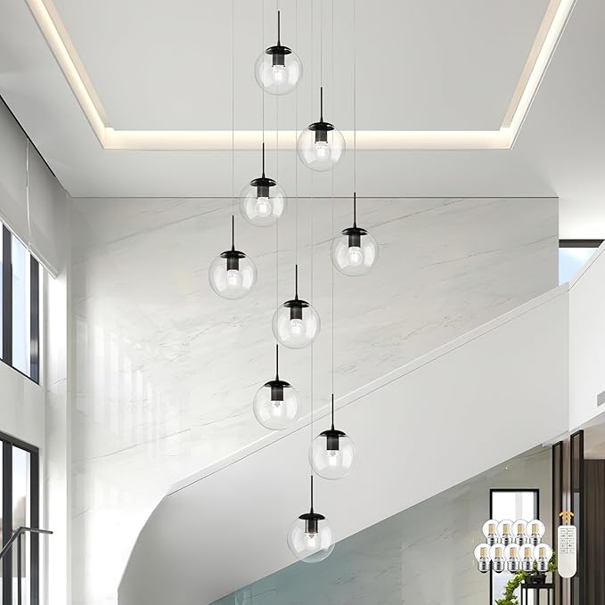 KoKo&Yukina 9-Light Globe Glass Pendant Light Adjustable Length Pendant Lights Fixtures Modern Black Clear Globe Glass Chandelier High Ceiling Lights Fixtures for Foyer Staircase (Bulb & Remote Incl)