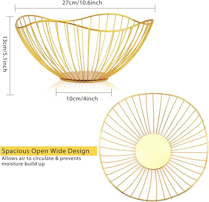 Metal Wire Fruit Basket, Gold Fruit Bowl for Kitchen Counter, Fruit Holder Stand Storage Baskets for Countertop, Home Decor, Table Centerpieces, Vegetable Bowls for Fruits, Veggies, Snacks (Gold)