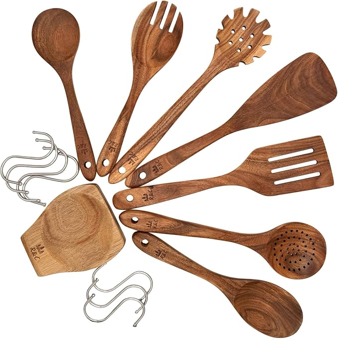 R&C 9-Piece Wooden Kitchen Utensil Set – Premium Teak Cooking Spoons, Spatulas & Strainer with Holder & Hooks – Eco-Friendly, Nonstick, Durable Wooden Cookware Gift Set