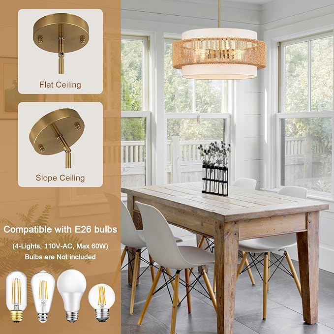 Boho Rattan Chandelier, 19.7" Large Boho Pendant Light with Fabric Lampshade, 4-Light Rattan Light Fixture Ceiling Hanging for Dining Room, Living Room, Bedroom, Kitchen Island, Hallway, Foyer