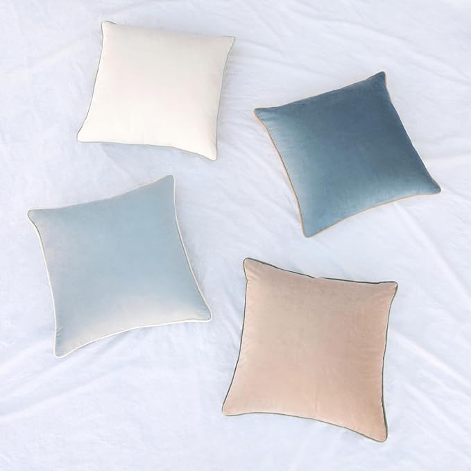 MONDAY MOOSE Decorative Throw Pillow Covers Cushion Cases, Set of 4 Soft Velvet Modern Double-Sided Designs, Mix and Match for Home Decor, Pillow Inserts Not Included (18x18 inch, Beige/Light Blue)