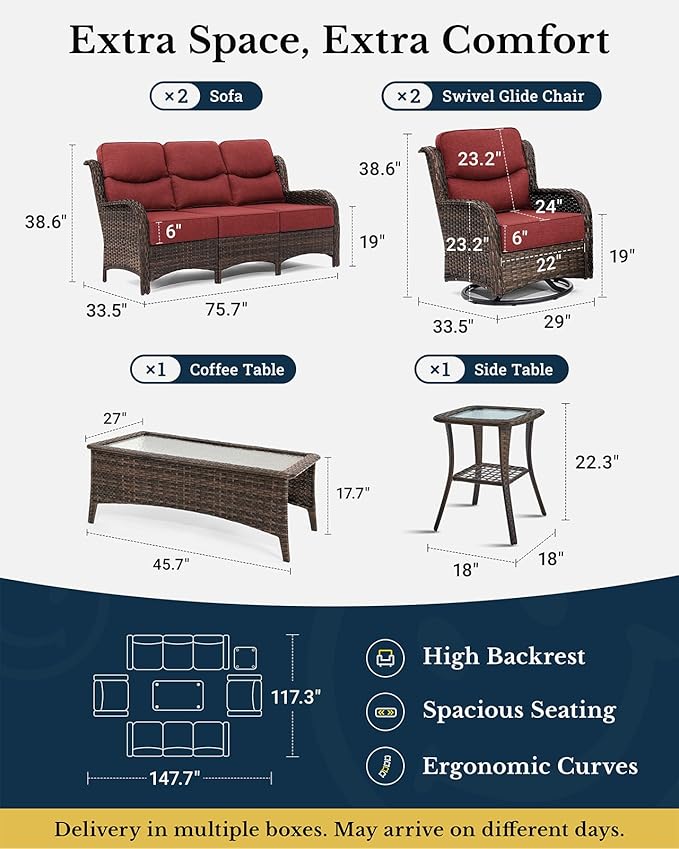 HILLGA Luxury Patio Furniture Set with 6-Inch Thick Cushions, High Back Outdoor Swivel Rocker Chairs and Patio Couch, 6-Piece All Weather Conversation Set for Porch Deck Pool Yard, Burgundy (V3)