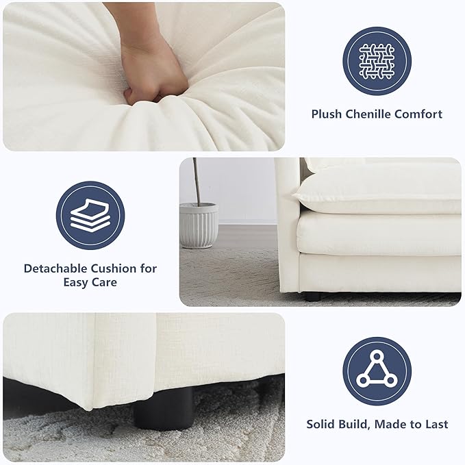 GNIXUU Oversized Accent Chair with Ottoman, Chenille Comfy Single Sofa, Modern Upholstered Lounge Reading Armchair Indoor Cloud Couch with Deep Seat & Pillow for Living Room Bedroom Apartment, White