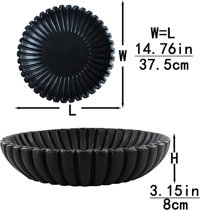 15" Large Decorative Bowl decor , Scalloped Decorative Bowls for Modern Home Decor,Ruffle Decor,Stylish Key Bowl for Entry Table,Decorative Fruit Bowl for Kitchen Counter,Artificial Stone Black