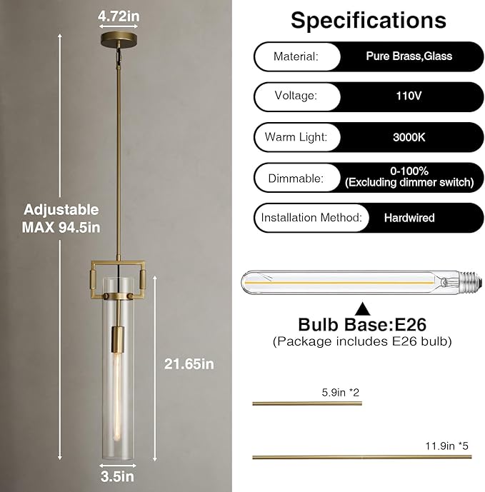 Modern Large Gold Pendant Light Fixture Set of 2-21.6 Inch Adjustable Hanging Chandelier with Glass Shade & Brass Finish, Farmhouse Island Lighting for Kitchen, Dining Room, Bathroom