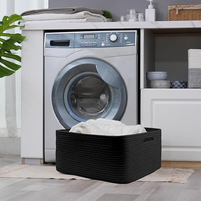 COMFY-HOMI 3 pcs Large Storage Baskets for Shelves, Laundry Basket, Woven Rope Basket, Closet Organizer Bins for Clothes Blanket Towels, Baby Nursery, Gift Toy Baskets, 17” x 13” x 7.5”-black