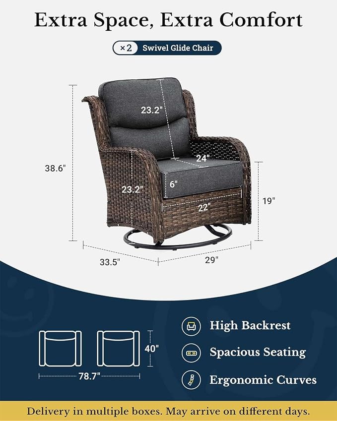 HILLGA Luxury Patio Furniture Set with 6-Inch Thick Cushions, High Back Outdoor Swivel Rocker Chairs, 2-Piece All Weather Conversation Set for Porch Deck Balcony Yard, Dark Grey (V3)