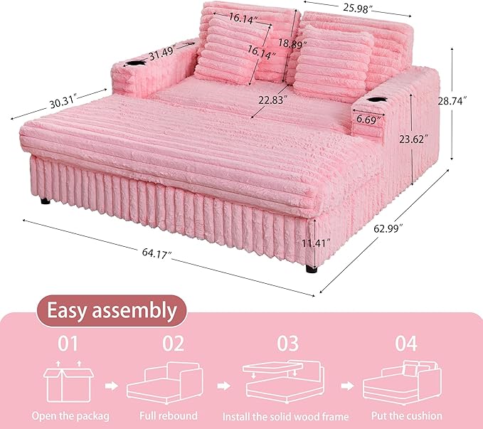 RARZOE 64'' Oversized Chaise Lounge Chair Indoor, Plush Faux Rabbit Fur Sleeper Sofa Bed with 4 Pillows, Charging Station & Cup Holders, Fluffy Comfy Cloud Couch Loveseat Sofa for Living Room,Pink