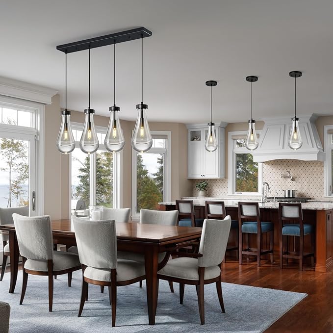 Raindrop Pendant Lights Kitchen Island Teardrop Black Hanging Light Fixtures Clear Solid Glass Pendant Light Modern Chandeliers for Dining Room Porch Corridor Living Room(Long Plate-4 Lights)