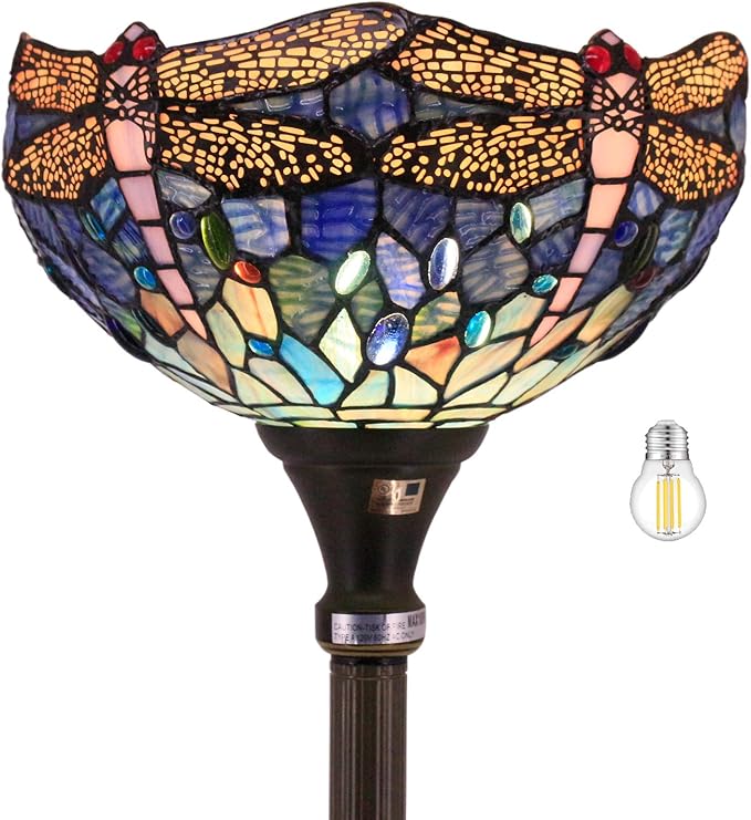 WERFACTORY Tiffany Floor Lamp Sea Blue Stained Glass Dragonfly Light 12X12X71 Inches Pole Torchiere Standing Corner Torch Uplight Decor Bedroom Living Room Home Office S631 Series