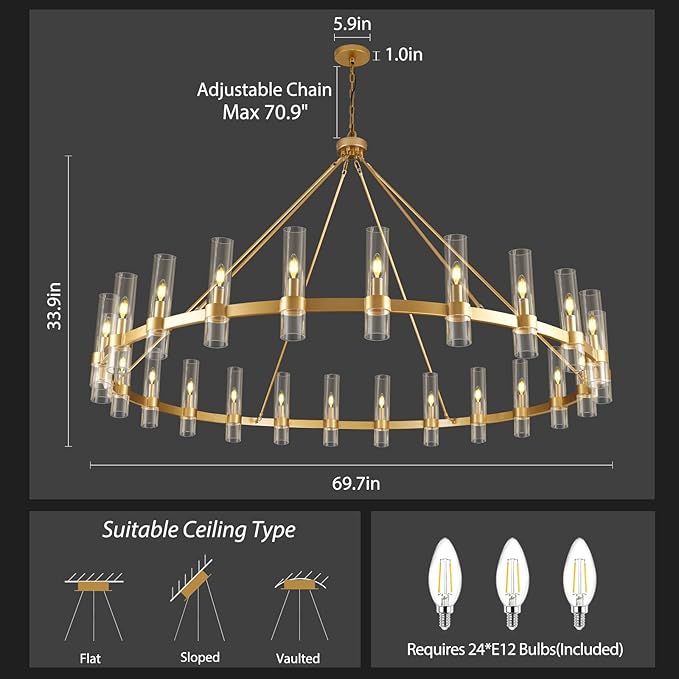 Gold Wagon Wheel Chandelier, 70 Inch Glass Chandeliers, 24 Light Chandelier for High Ceiling, Modern Farmhouse Chandeliers for Living Room, Dining Room, Entryway, Stairwell(Bulbs Included)