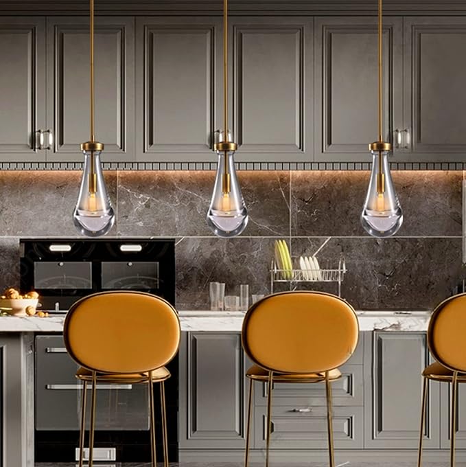 Modern Pendant Lighting for Kitchen Island, Handblown Teardrop Glass Kitchen Light Fixtures Luxury Brass Pendant Lights Hanging Lamps for Bedroom Dining Table, Hallway