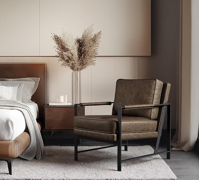 Yaheetech PU Leather Armchair, Retro Leisure Accent Chair with Extra Soft Padded and Cushion, Modern Reading Arm Chair with Black Metal Frame for Living Room/Office/Bedroom/Study, Brown