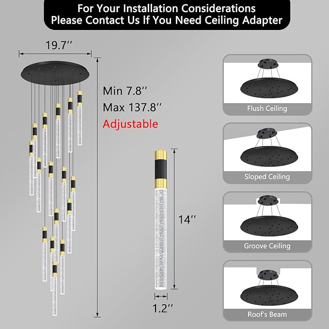 16-Lights 138 Inches Modern Chandelier LED Light Fixtures Adjustable High Ceiling Long Light Chandelier for Hallway Foyer Dimmable Lights with Remote Living Dining Ceiling Pendant Lighting