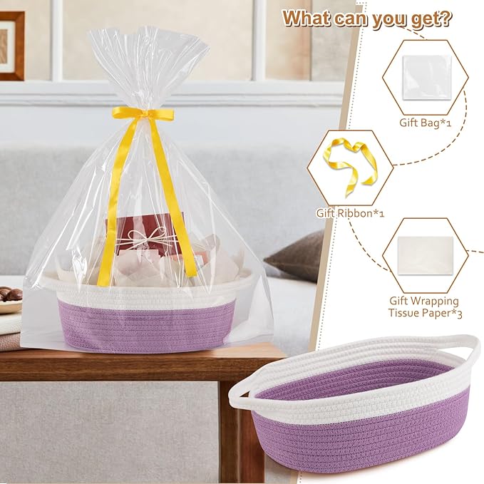 OIAHOMY Gift Basket Empty with Handle, 12"x 8"x 5" Small Woven Basket with Gift Bag, Ribbon and Wrap Tissue Paper, Dog Toy Storage for Organizing - Lilac Purple & White