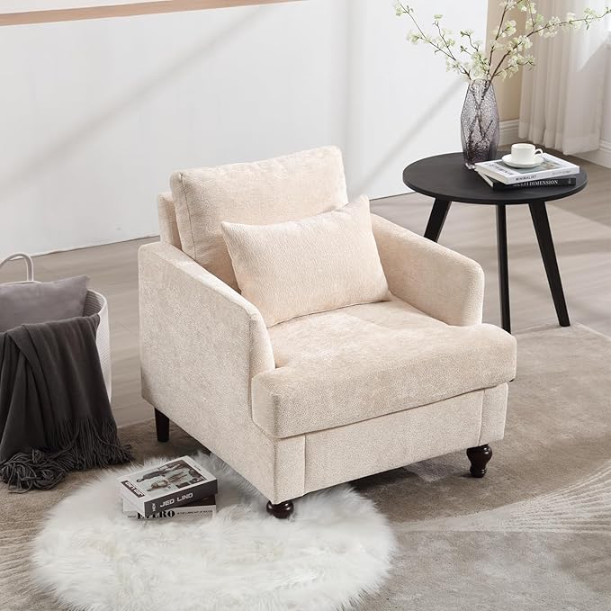 Furnilivng Mid-Century Modern Accent Chair, Comfortable Chenille Lounge Armchair, Upholstered Cozy Single Sofa Chair for Living Room, Bedroom, Reading Room, Home Office, Beige