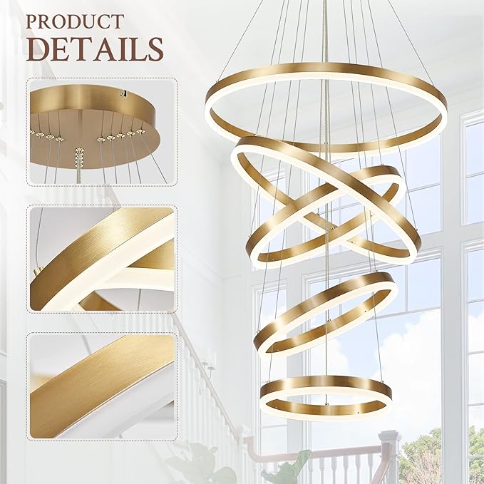 Modern LED Chandelier for Foyer Dimmable Gold High Ceiling Chandeliers Foyer with Remote Control for Entryway Dining Room Living Room Staircase, 3000K-6500K(5-Rings D23.6’’)