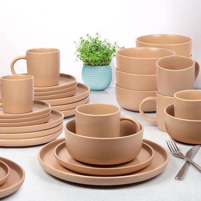 Zulay Kitchen Terra Stoneware 32-Piece Dinnerware Set, Artisanal Ceramic Plates and Bowls Set Crafted at 2300℉ - Service for 8, Terracotta Clay