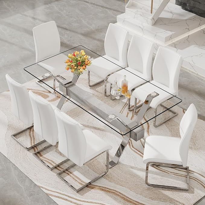 71'' Glass Dining Table Set for 8,9 Piece Dining Table Set with Tempered Glass Tabletop and Open‑Frame X‑Shaped Metal Base,Kitchen Table and Chairs Ideal for Dining Room&Home Office