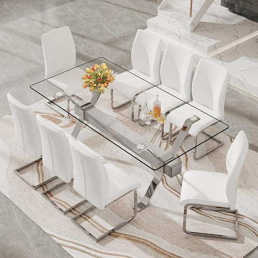 71'' Glass Dining Table Set for 8,9 Piece Dining Table Set with Tempered Glass Tabletop and Open‑Frame X‑Shaped Metal Base,Kitchen Table and Chairs Ideal for Dining Room&Home Office