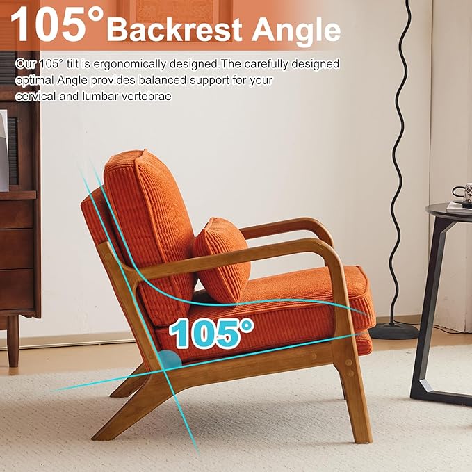 Karl home Mid-Century Modern Accent Chair, Living Room Chairs with Pillow Corduroy Upholstered Lounge Armchair with Solid Wood Frame & Soft Cushion for Bedroom, Reading Room, Orange