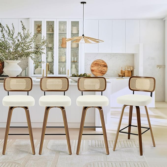 Swivel Bar Stools Set of 4, Upholstered Faux Leather Barstools with Rattan Back, 29" Seat Height Bar Chairs for Kitchen Island, Bentwood Wood Frame, Cream White