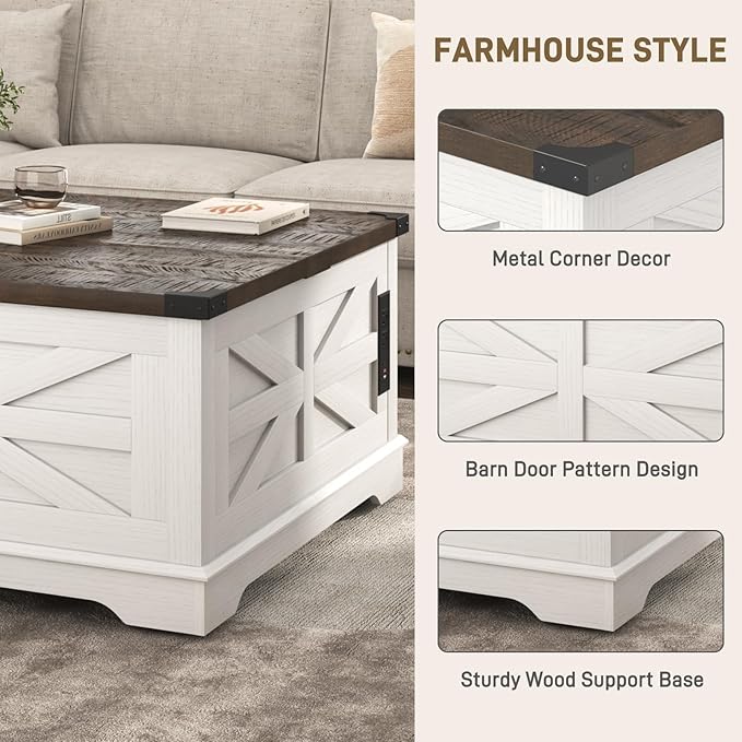 36" Farmhouse Movable Lift Top Coffee Table with Storage and Power Outlets, Square Wood Living Room Tables with Wheels&Large Hidden Space, Lift Wooden Barn Door Center Table, White