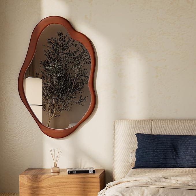 Wavy Cloud Mirror - Irregular Wall Mirror With Wood Frame, Modern Decorative With Hanging Hooks, Asymmetrical for Bedroom Living Room Entryway (Walnut, 41'' 28'')