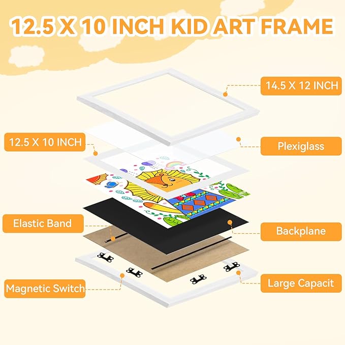 4-Pack Kids Artwork Frames 10x12.5 Front Opening Kids Art Frame for Wall Art work Picture Display Holds 50+ Pcs for Kids Drawings Changeable Frames for Kids' Artwork Storage and Display – White