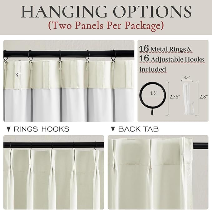 Ivory White Pinch Pleated Complete Blackout Curtains & Drapes 108 Inches Long 2 Panels Set, Flax Linen Room Darkening Soundproof Window Curtains with Hooks Rings for Bedroom Living Room Track System