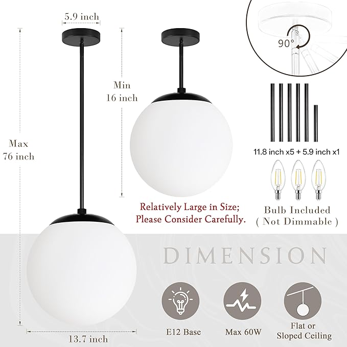 13.7" Globe Pendant Light 3-Light Black Milk Glass Pendant Light Mid Century Modern Light Fixture Globe Pendant Lights Kitchen Island Matte Black Finished with Milk Glass Lampshade for Bedroom
