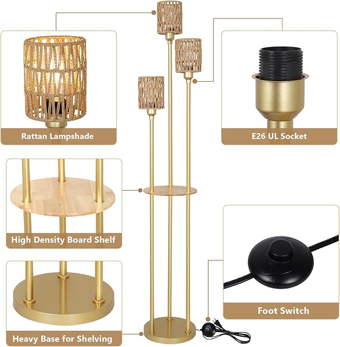 Boho Floor Lamp with Shelves, 3-Lights Farmhouse Tall Floor Lamp with ON/Off Foot Switch, Gold Modern Floor Lamps with Rattan Shades, Rustic Standing Lamp for Living Room, Bedroom, Office