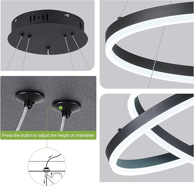 2-Rings Modern LED Chandelier Black for Dining Room, Circular Flush Mount Ceiling Chandelier Light Dimmable Pendant Light with Remote Control for Living Room Entrance Foyer, 3000K-6500K