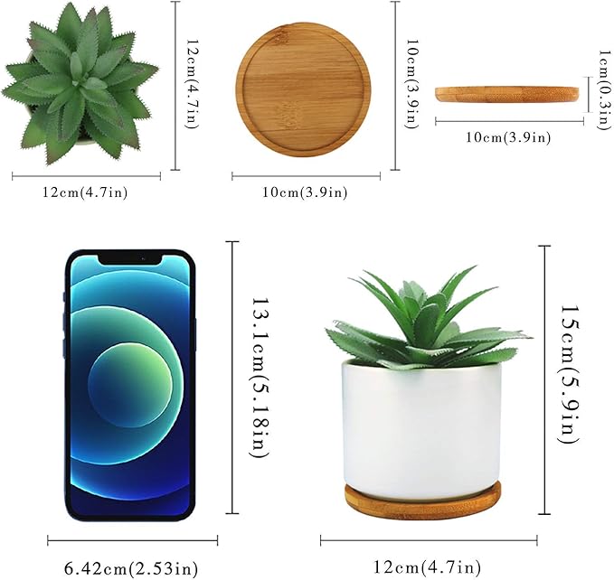Hopewood Succulent Plants Artificial - Faux Agave Succulent Plant in Ceramic Pots with Bamboo Tray for Office Desk Living Room Decor(5.9inch)
